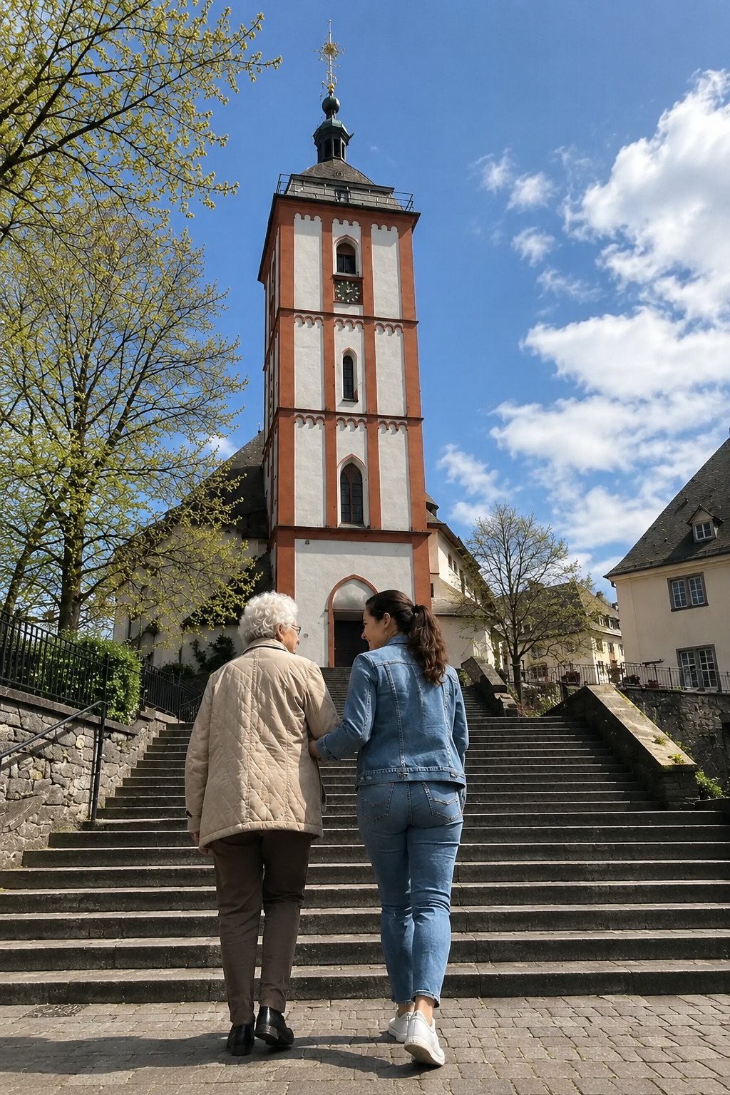 Haushaltshilfe und Alltagsbegleitung in Siegen – Begleiterin mit Seniorin an der Nikolaikirche